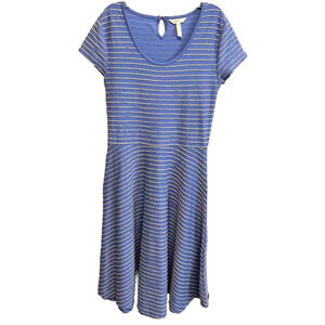 Matilda Jane Dress Women's Size M Fit and Flare Blue Stripe Short Sleeve